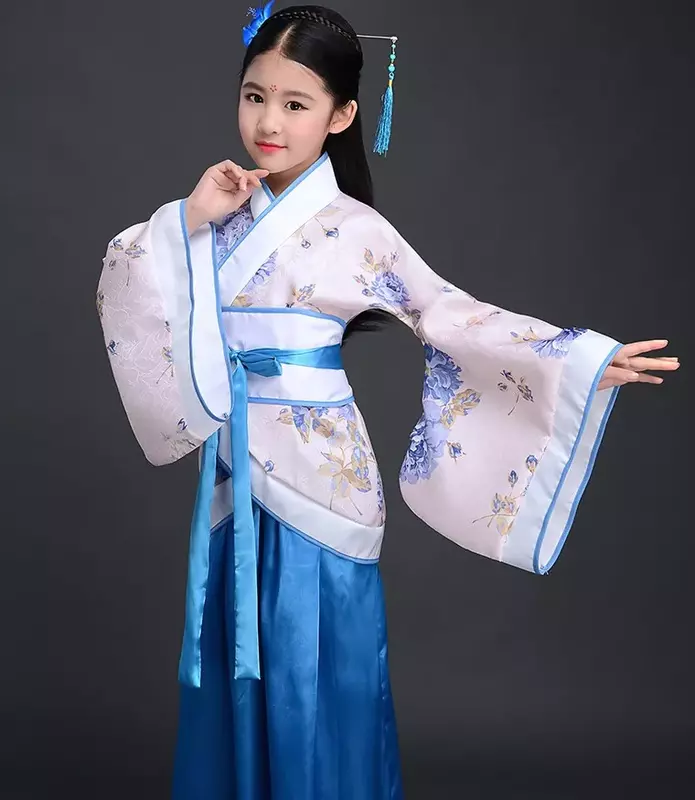 Chinês seda roupão Traje Meninas Crianças Quimono China Tradicional Vintage Étnico Fã Estudantes Coro Dança Traje Hanfu