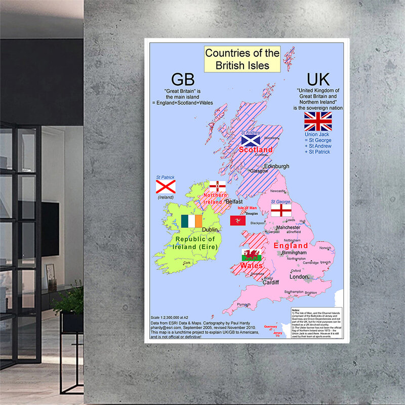 Póster Artístico del mapa del Reino Unido, lienzo no tejido, pintura, pegatina de pared, tarjeta, decoración del hogar, suministros escolares, 100x150 Cm