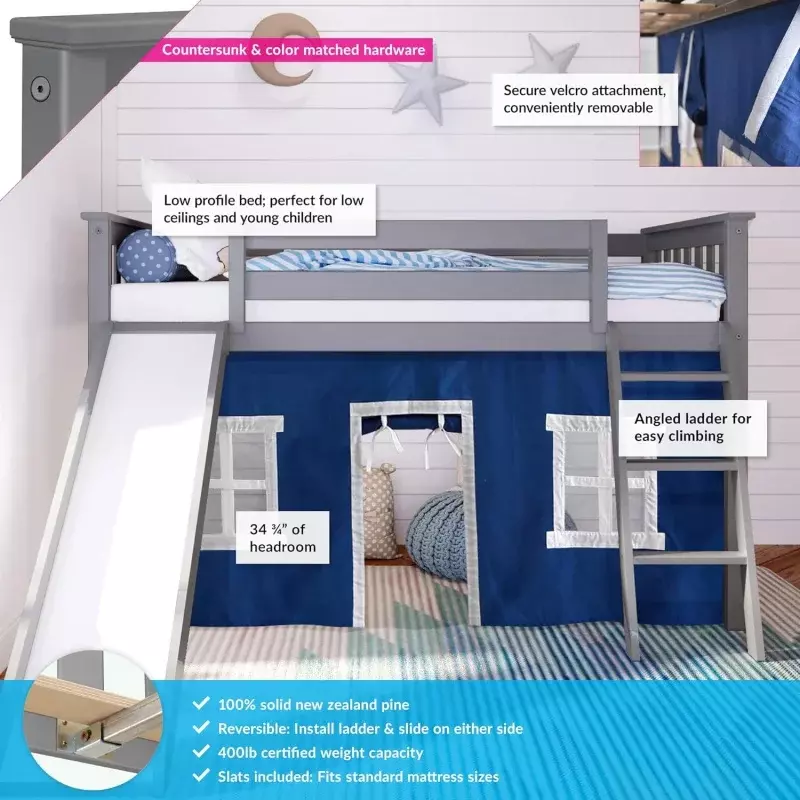Tempat tidur loteng rendah Max & Lily, rangka tempat tidur kembar untuk anak-anak dengan geser dan tirai untuk bagian bawah, abu-abu/biru