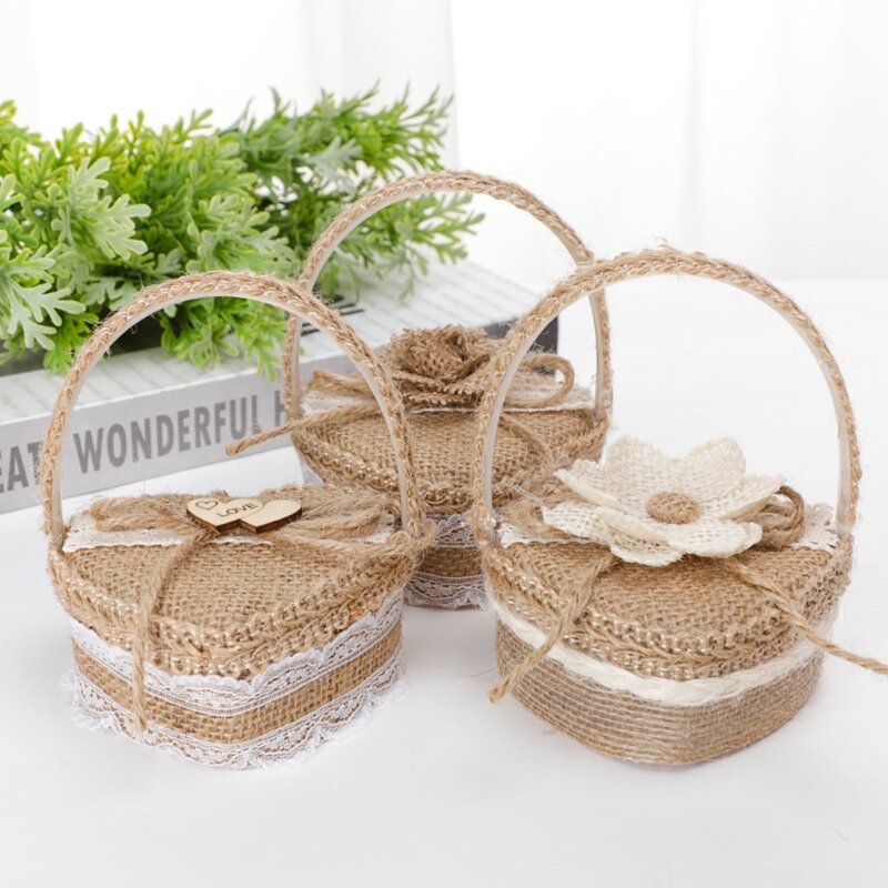 結婚式の花のバスケットリングボックス,ロマンチックな黄麻布のイヤリング収納,手作りのイヤリングを整理する