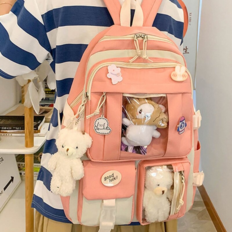 5-teiliges süßes Rucksack-Set für Schule, Büchertasche, Teenager, Mädchen, Tagesrucksack, niedliche große Kapazität, Handtasche,