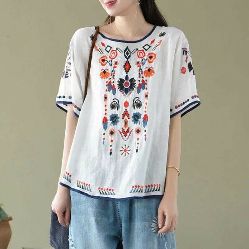 Women Spring Summer Retro Cotton Linen Blouse Chinese National Style Embroidery Three Quarter Sleeve Floral Cheongsam Shirts 4XL