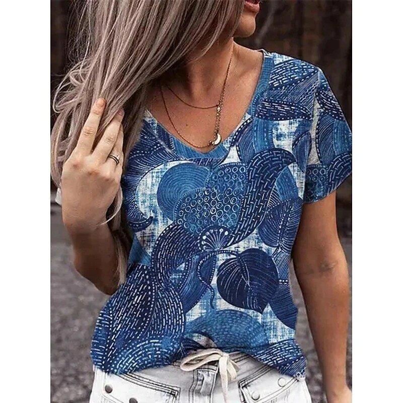 女性用半袖VネックTシャツ,3Dプリントのファッショナブルな夏服,2K,ラージサイズ,2023