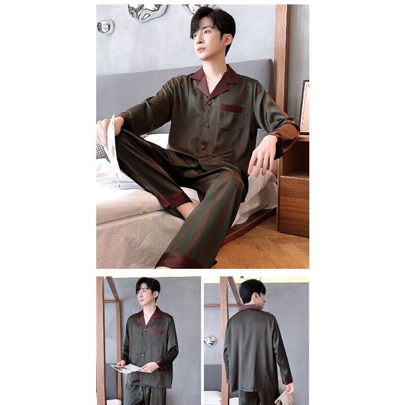 Men Spring Autumn Long Sleeve Ice Silk Senior Sense Home Wear Summer Thin Imitation Silk Four Seasons Summer Short Sleeve Suit