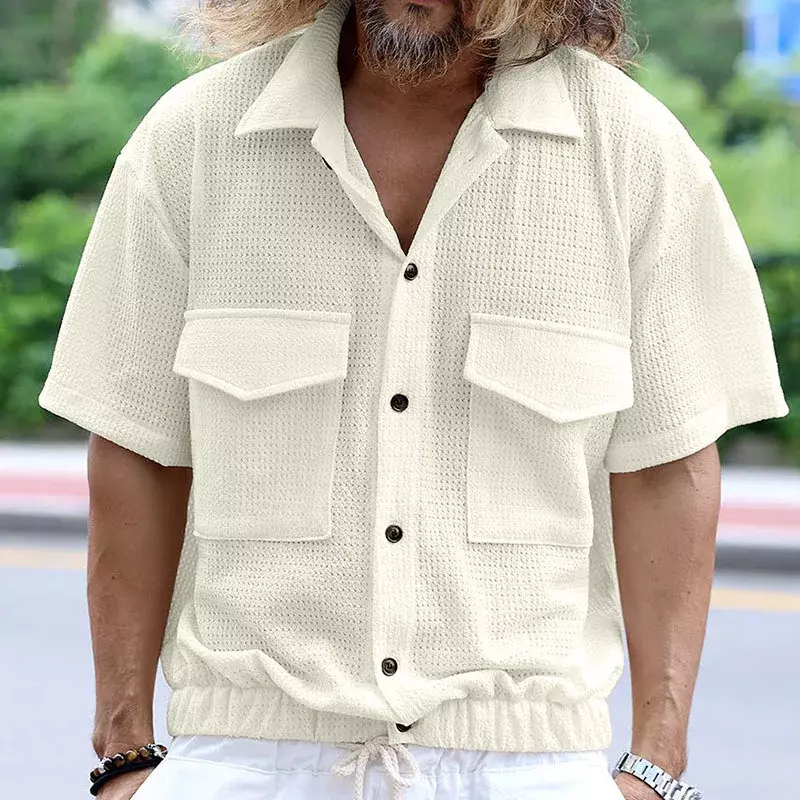 Camisa de manga corta para hombre, cárdigan con bolsillo y botón de solapa de Color sólido, informal, transpirable, para trabajo de negocios, S-XXXL