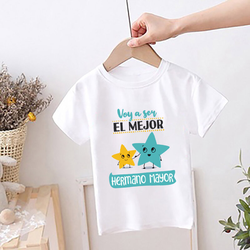 어린이 스페인어 프린트 2024 티셔츠, 큰 언니, 형제로 승진, 아기 발표, 여름 옷