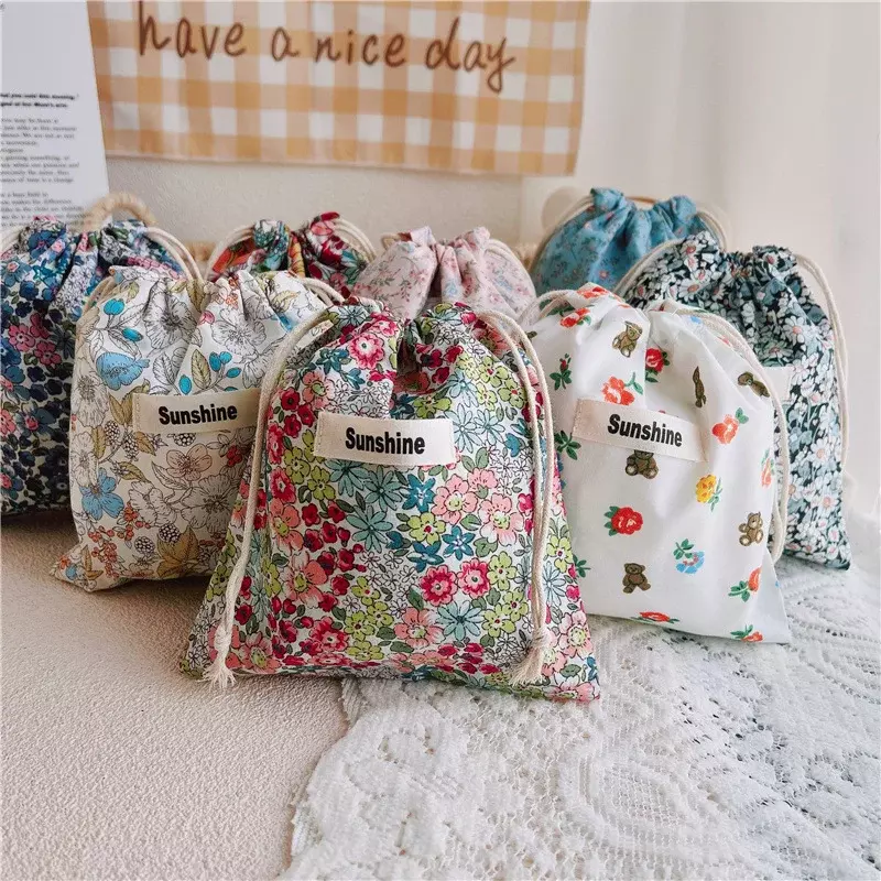 Printed Flower Mommy Bag Baby Diaper Bag Cotton Nappy String Pocket Stroller Carry Pack Travel Outdoor Diaper Storage Bag
