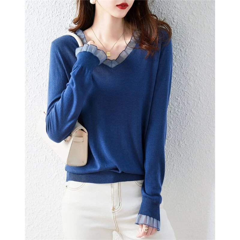 Korean Elegant Chic Sweet Mesh Patchwork V-neck Knitwear Women Spring Autumn Casual Loose Solid Long Sleeve Top Female Clothing