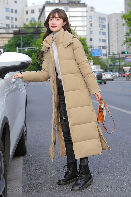 Winter New Feminine Thick Hooded Long Puffer Coats High Quality Fresh Solid Streetwear Warm Cozy Pockets Ankle-Length Outwear