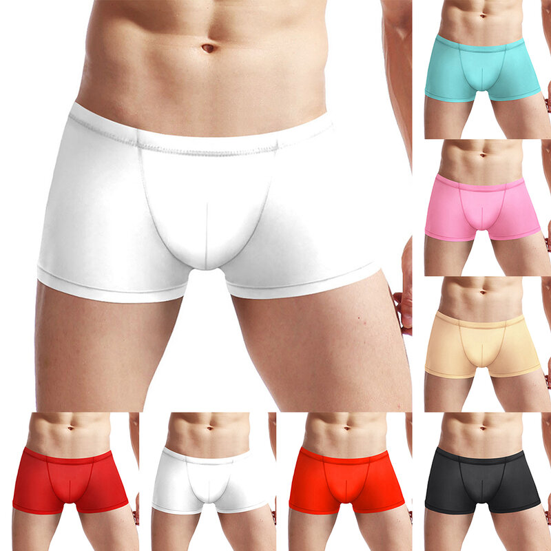 New Mens Sexy Silk Lingerie See Through Low Waist Mesh Boxer Brief Pouch Trunks Underwear Shorts Traceless Male Boxer Shorts