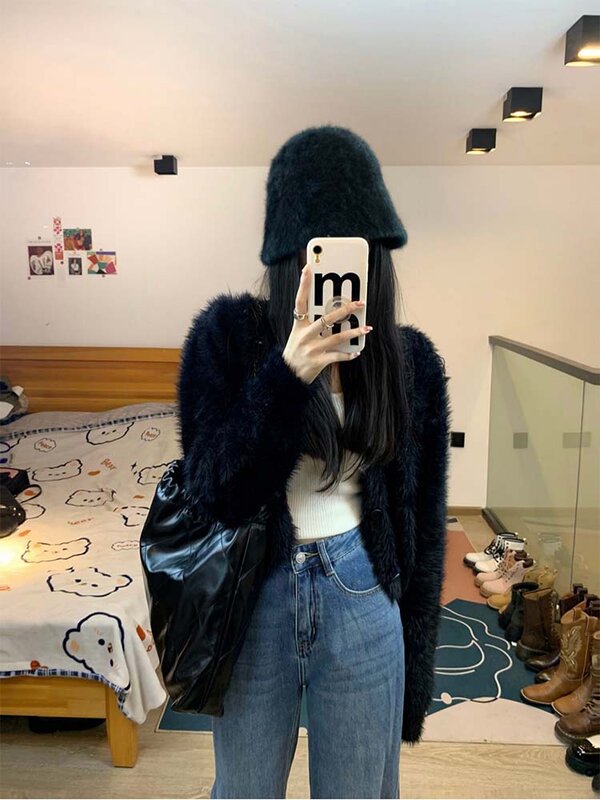 2022 Autumn New  Round Neck Sweater Korean Fashion Imitation Mink Cashmere Asymmetric Solid Color Knitted Cardigan Women