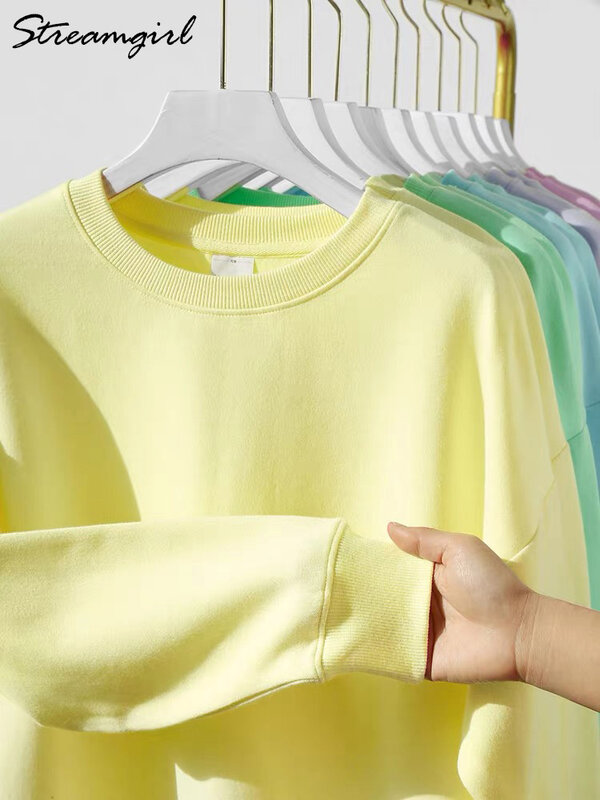 Хлопковый базовый Свитшот Streamgirl, женские пуловеры оверсайз желтого цвета, свободные повседневные топы, весенние цветные свитшоты для женщин, розовый, свитшот женский, лонгслив, кофта оверсайз