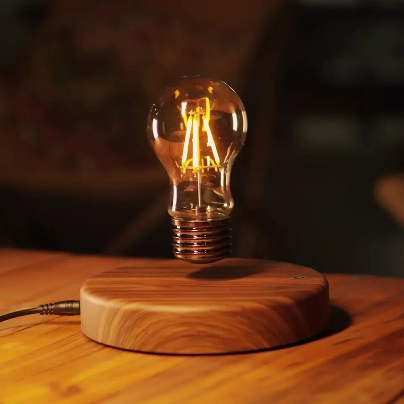 Levitating磁気デスクテーブルランプ、磁気LEDナイトライト、フローティング電球、木製ベース