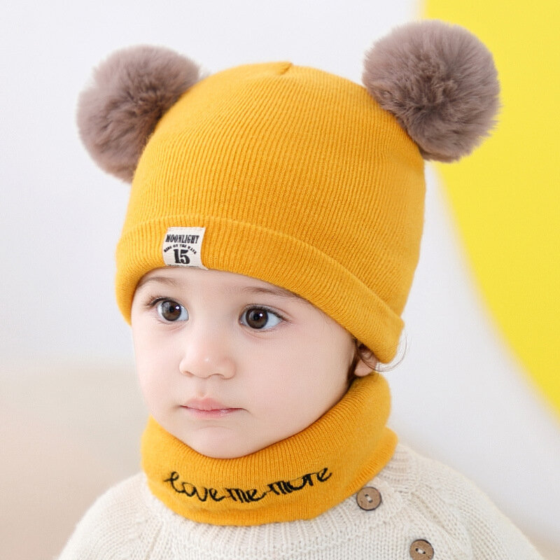 Topi rajut bayi, dua potong musim dingin untuk anak laki-laki dan perempuan dengan bola wol lucu, topi rajut bayi hangat dengan Pom Pom