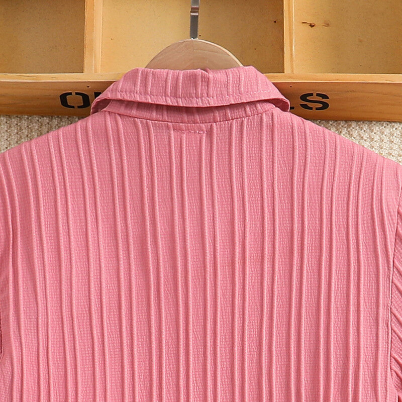 8-12T Girls Summer 2PCS Shorts Sets Short Sleeve Lapel Pleated Shirt Tops Pink Drawstring Shorts Sets