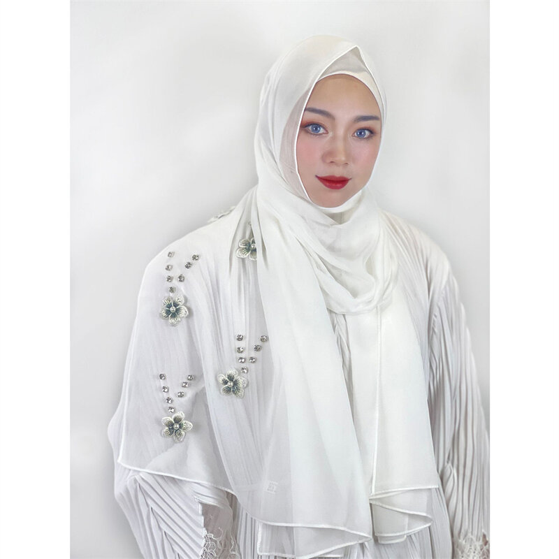 Turbante Hijab musulmán de gasa para mujer, bufanda larga con cuentas de flores árabes islámicas, chal para la cabeza, Fular de Color sólido