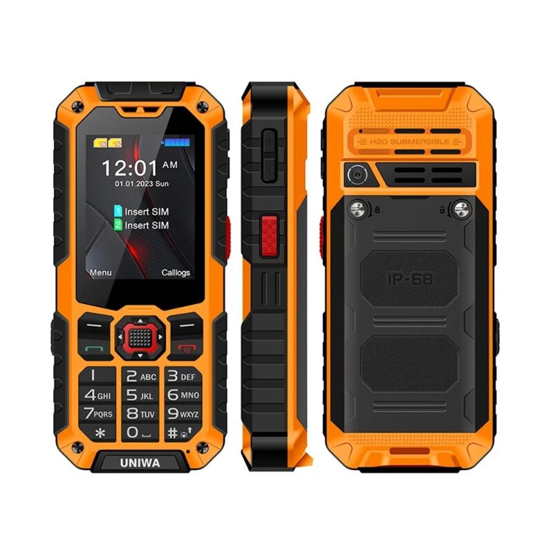 UNIWA-S9 4G Feature Phone, IP68 impermeável, botão SOS, 3W grande alto-falante, bateria 3000mAh, telefones celulares robustos, 2.4 pol
