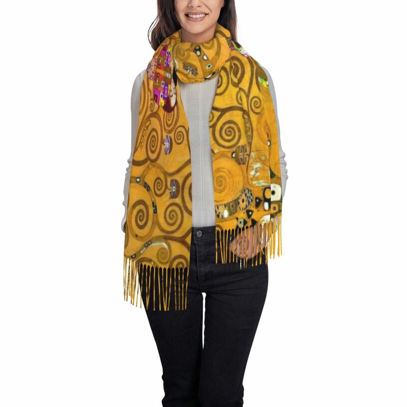 Sóc Cây Do Gustav Klimt Vắt Khăn Nữ Dài Mùa Thu Đông Ấm Tua Rua Chân Unisex Tranh Nghệ Thuật Khăn Choàng Cổ
