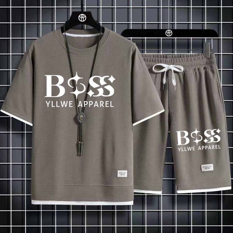 BSS YLLWE APPAREL conjunto de dos piezas para hombre, camiseta informal de tela de lino y pantalones cortos, traje deportivo de moda, chándal de manga corta