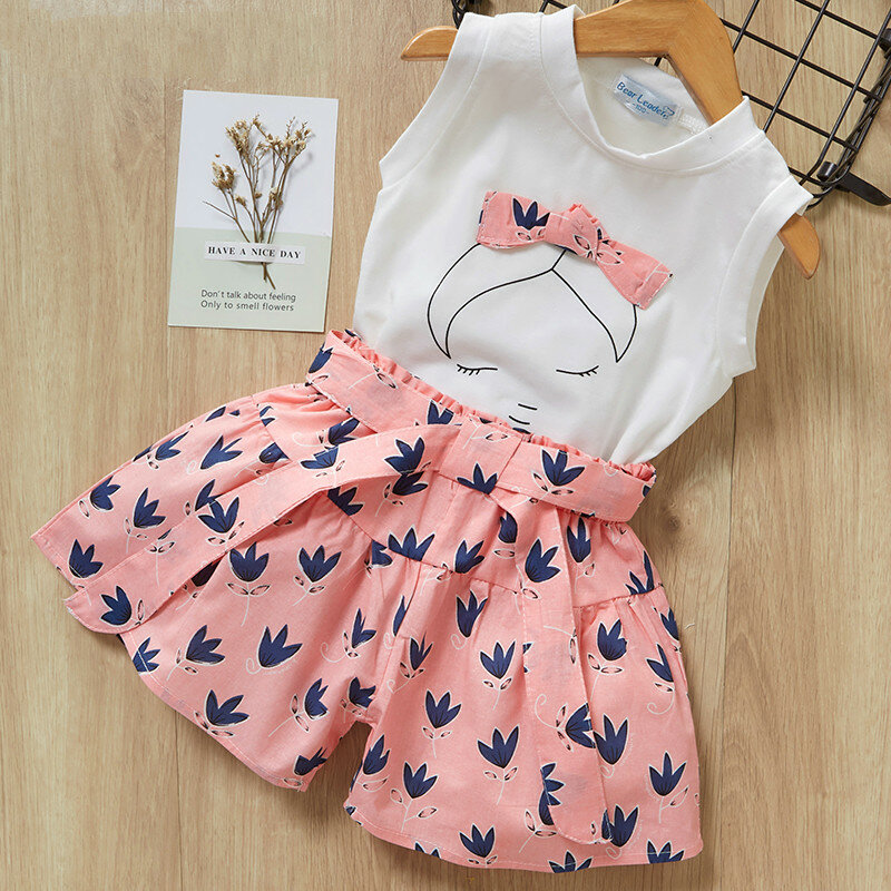 Girls Clothes Set New New Summer Sleeveless T-shirt and Print Bow Shorts for Girl Kids Clothes Children Clothing 3 5 7 Years