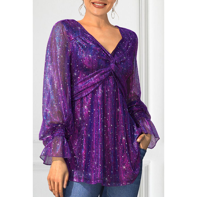 Plus Size Purple Sparkly Glitter Fabric Twist Knot Lantern Sleeve Elastic Cuff Tunic V-neck Blouse