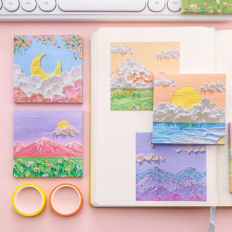 80 Sheets Oil Painting Scenery Sticky Notes Students Aesthetic Memo Pad To Do List Notepads School Supplies Cute Stationery