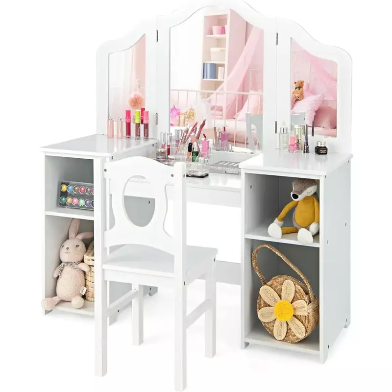 Penteadeira feminina com espelho, Mobiliário de vaidade infantil para quarto, Prateleiras de armazenamento grandes, Mobiliário de maquiagem feminina, Mobiliário Air Dresser