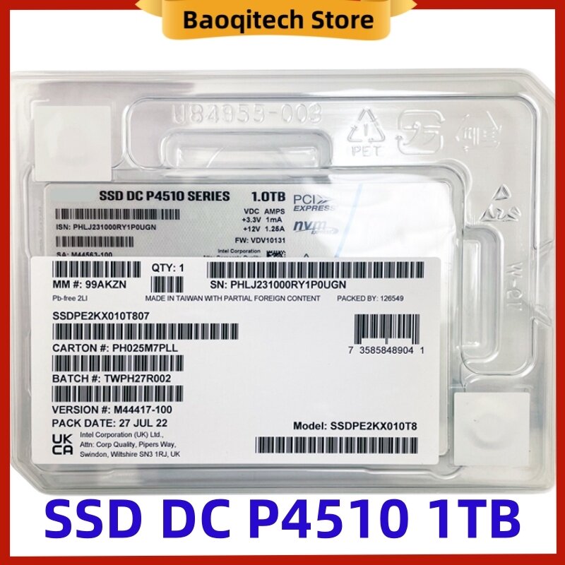 인텔 SSDPE2KX0 용 솔리드 스테이트 드라이브, P4510, 8TB, 4TB, 2TB, 1TB, U.2 NVMe, 2.5 인치, 쓰기 밀도 서버, 엔터프라이즈 SSD, 신제품