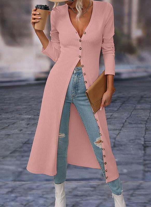 Женский длинный кардиган, пальто 2023, длинное пальто в рубчик на пуговицах с длинным рукавом, модное однотонное Женское пальто на осень и зиму