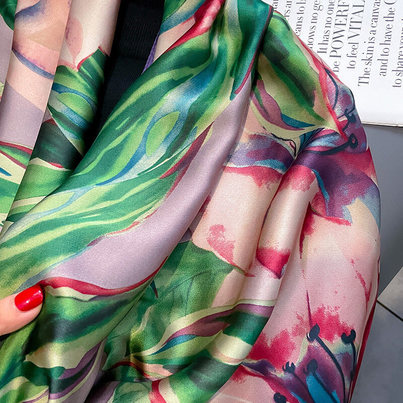 Luxury Brand Lrage Silk Scarf Women Popular Print Warm Hijab Fashion Design Satin Finish Shawl The Four Seasons 180X90CM Scarves