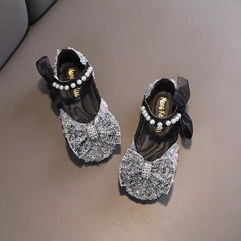 Sepatu kulit Glitter untuk anak-anak, sepatu dansa datar mutiara renda pita, sepatu kulit pernikahan musim semi 2024, sepatu dansa sol lembut untuk anak perempuan