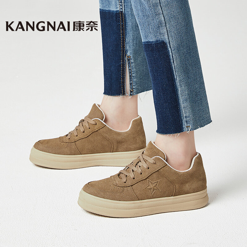 Kangnai Women Casual Shoes Cow Suede Flats Star Pattern Lace-Up Solid Color Sneakers Female Shoes