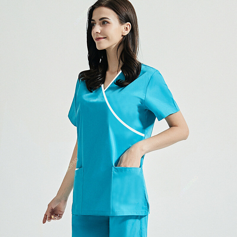 ชุดสครับสำหรับผู้หญิงชุดเครื่องแบบโรงพยาบาลสัตว์เลี้ยงชุดสูทสครับสีทึบชุดสูทคอวีมีกระเป๋า Baju bedah
