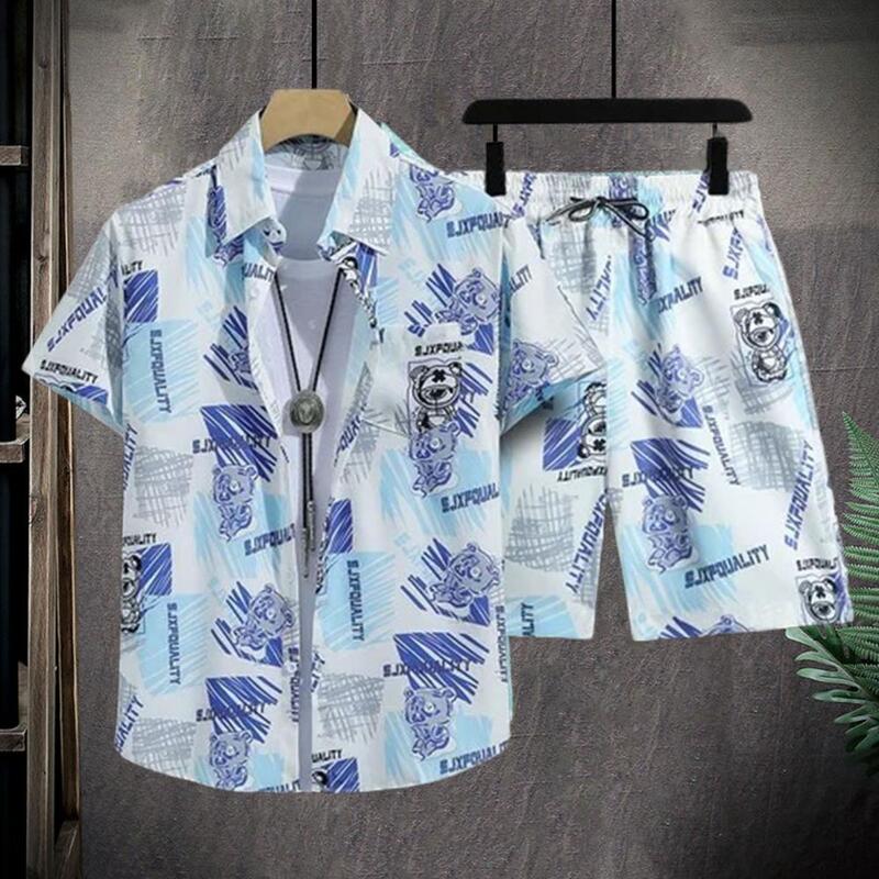 Hawaii Stijl Casual Outfit Revers Korte Mouw Single Breasted Shirt Tops Elastische Trekkoord Taille Wijde Pijpen Strand Short Set