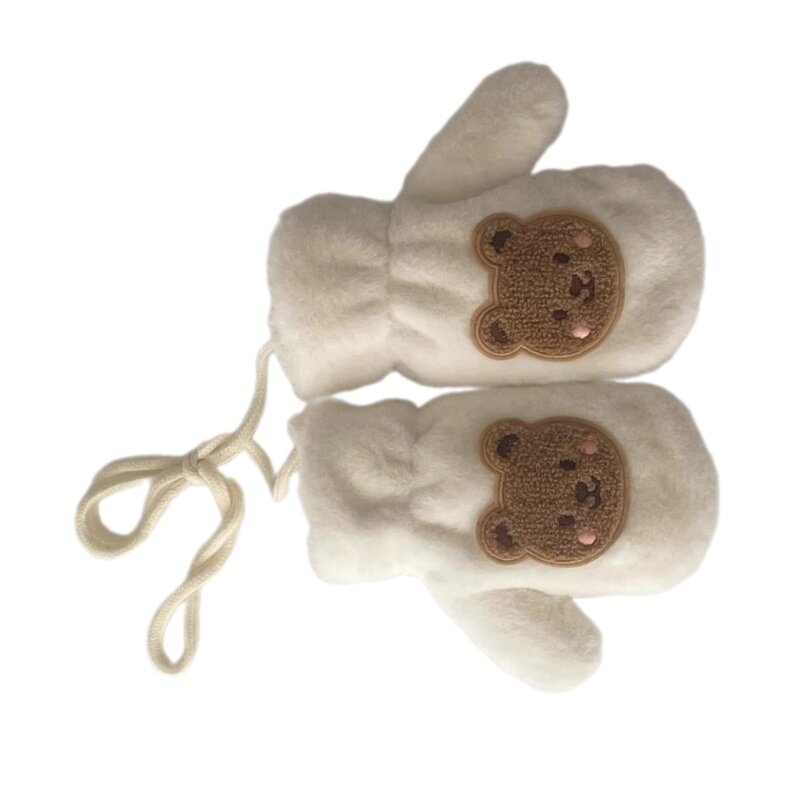 Cartoon Bear Plush Gloves for 2-6T Kids Children Winter Warm Mittens Stylish Hand Warmers with Adjsutable Neck Rope