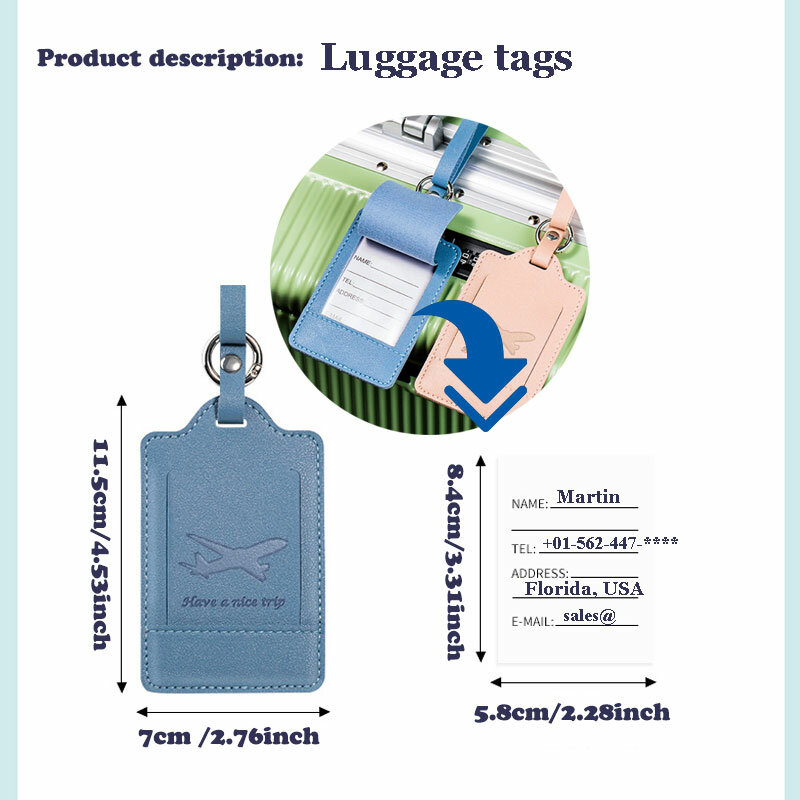 Tag da bagagem do couro do plutônio com nome personalizado, mala, curso portátil, aviões, embarque verificado