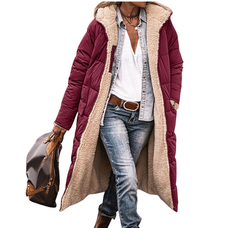 Женская длинная куртка на молнии, Повседневная Свободная однотонная парка с длинным рукавом, плюшевой подкладкой и капюшоном, новинка зимы 2023