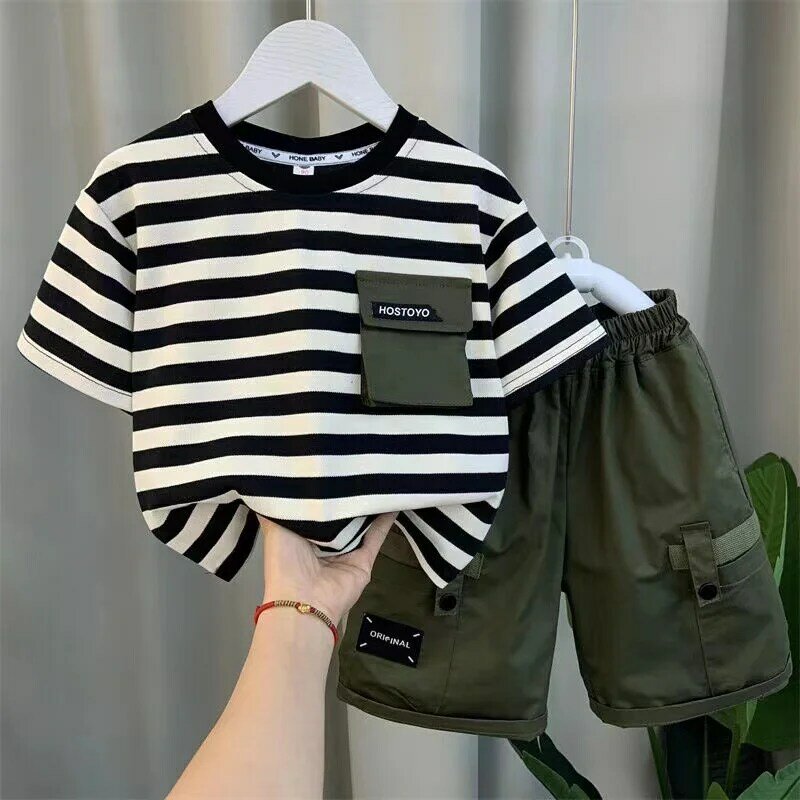 Boys Summer Set 2024 New Western Style Boys and Babies Work Clothes Trendy Children's Internet Popular Fashion Two Piece Set 2-9