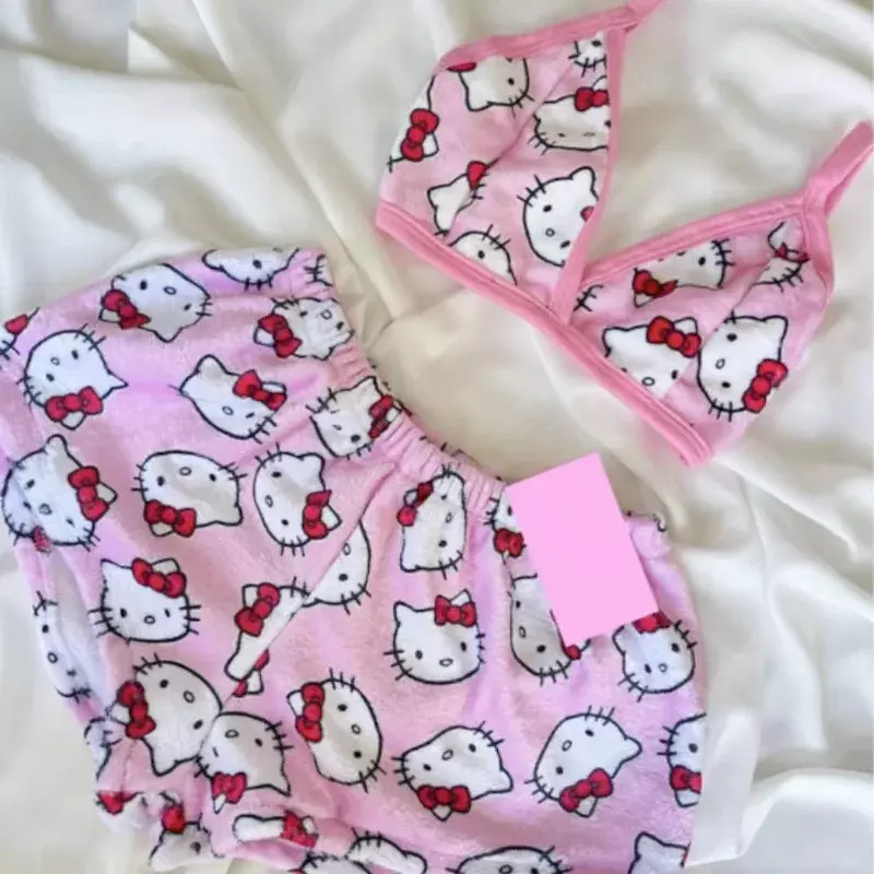 Пижама Hello Kitty Sanrio Женская, свободная Пижама с мультяшным принтом для сна, для семейного отдыха, женская пляжная одежда, 2 предмета, для лета