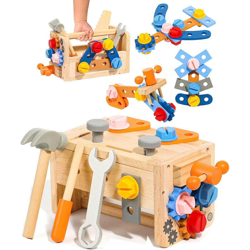 Ensemble d'outils en bois pour enfants, banc à outils pour tout-petits, jouets Montessori pour 2, 3, 4 ans, jouets de construction STEM, trousse à outils de jeu de simulation