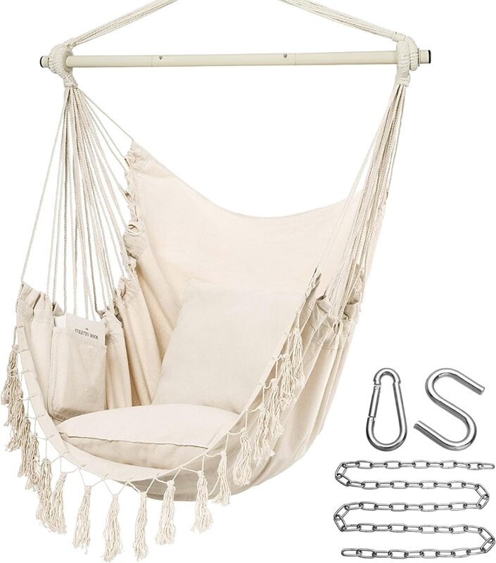 Y- Stop Hammock Chair Hanging Rope Swing, Max 500 Lbs, 2 cuscini inclusi, grande sedia sospesa in macramè con tasca