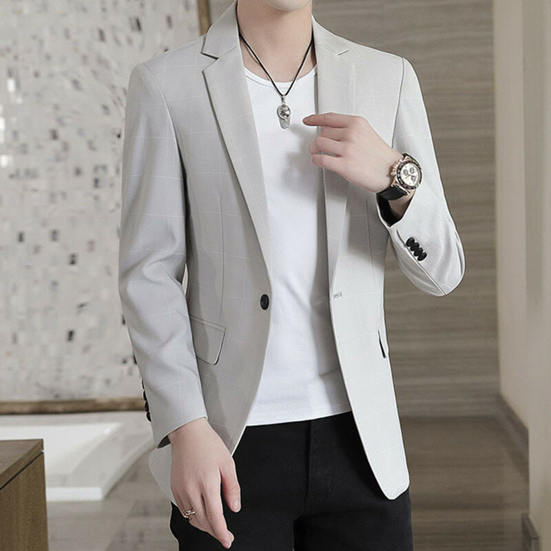 Blazer xadrez casual slim fit masculino, vestido formal, casaco de terno de negócios, jaqueta, nova moda, 2023