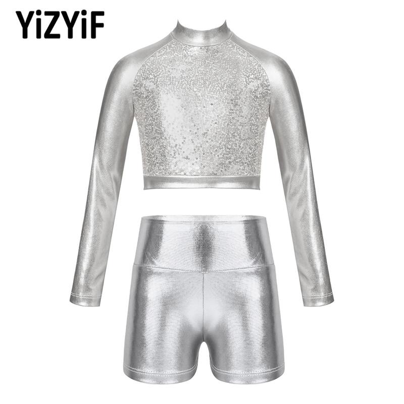 Kids Girls Glossy Metallic Dance Outfit Long Sleeve Sequin Crop Top And High Waist Dance Shorts Activewear Suit