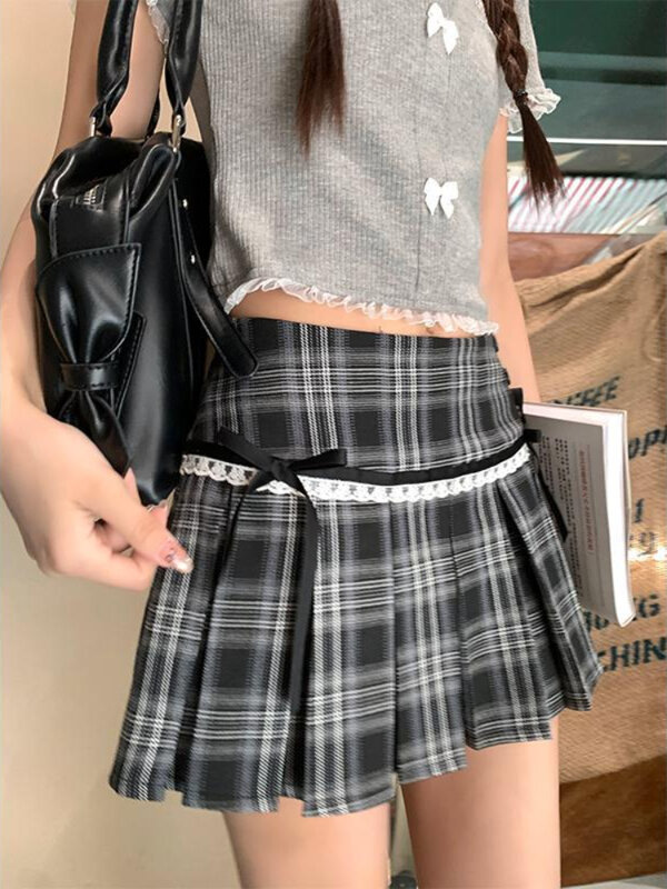 ADAgirl Harajuku Plaid Pleated Skirts for Women Kawaii Lace Mini Skirt with Bow Preppy Style Korean Fashion Uniform Clothes Chic