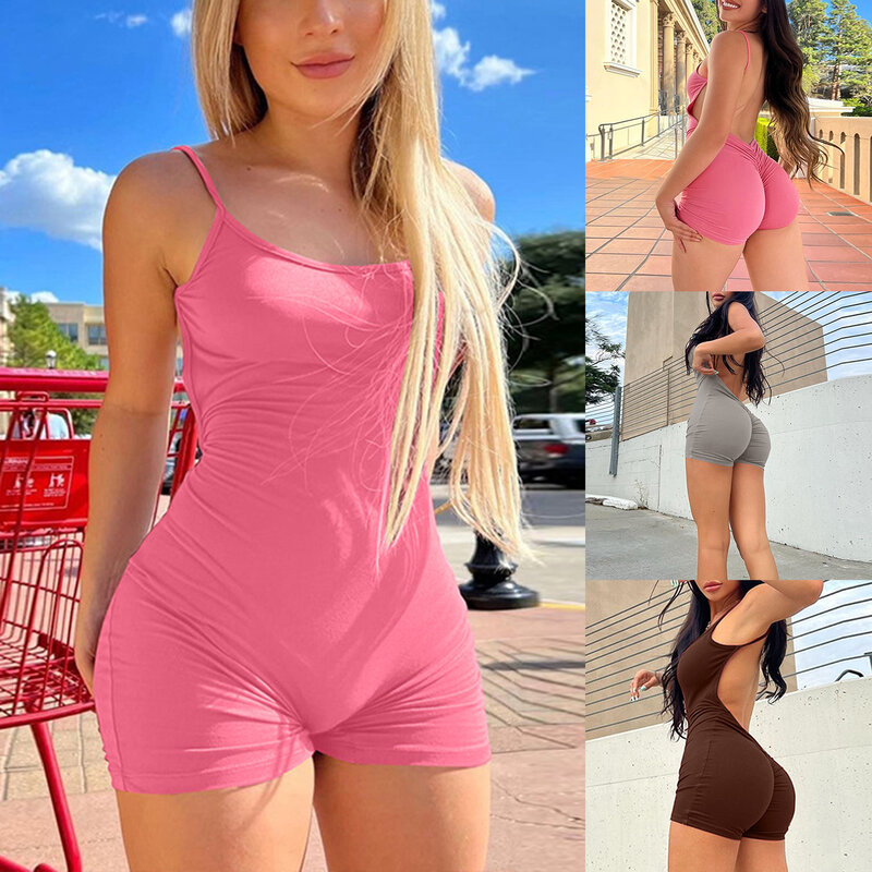 Women Solid Color Sexy Sling Playsuits U-Neck Sleeveless Skinny Short Jumpsuits Summer Backless Bodysuits Rompers