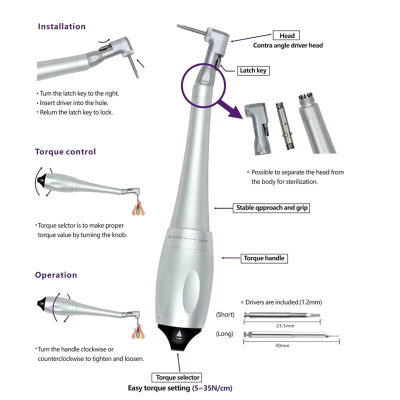 Chave de Torque Universal Implante Dentário, 5N-35N Drivers, 2,35mm, Bits Tipo Trava, Contra Ângulo, Kit de Implante