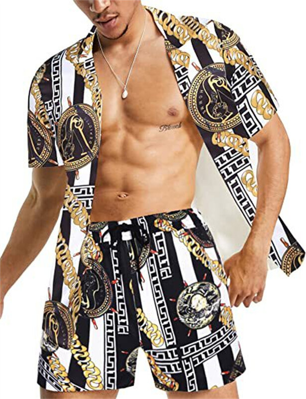 Camicia e pantaloncini hawaiani a maniche corte con bottoni casual di lusso da uomo estivi