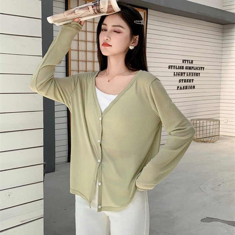 New Long Sleeve Knitted Cardigan For Women In Spring Summer Sun Protection Clothes Ice Silk Knitted Shirt Quick Drying ThinTops
