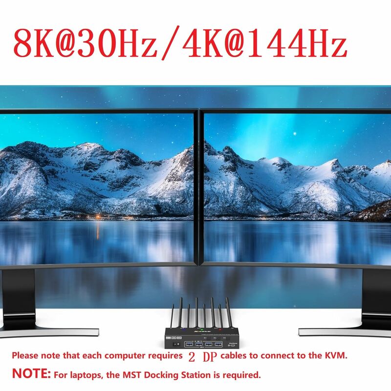 KCEVE 8K DisplayPort Switch KVM 2 Monitor 4 Computer, Switch KVM a doppio Monitor per 4 Computer condividi 2 Display 4 dispositivi USB 3.0