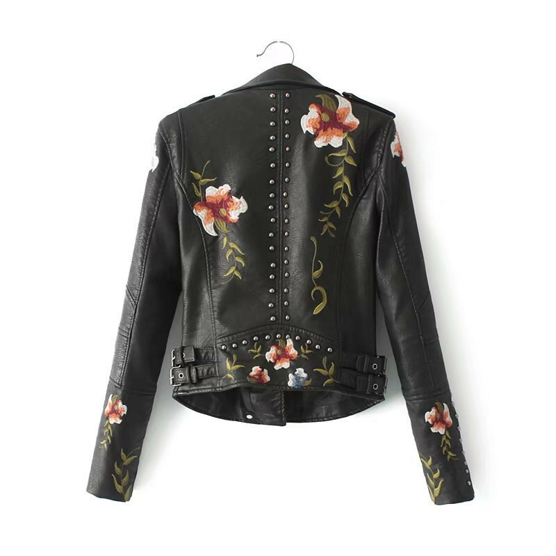 UHYTGF Coat Womens Vintage Floral Print Embroidery Faux Soft PU Leather Jacket Female Lapel Moto Biker Black Punk Outerwear 2764